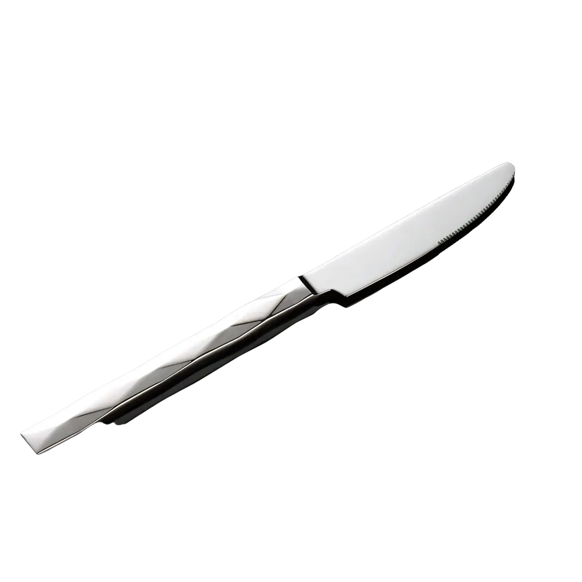 A sleek silver stainless steel dinner knife with a modern geometric pattern from the diamond cutlery set