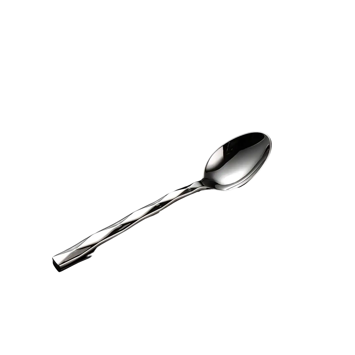 A sleek twisted stainless steel spoon with a polished reflective finish from the diamond stainless steel cutlery set