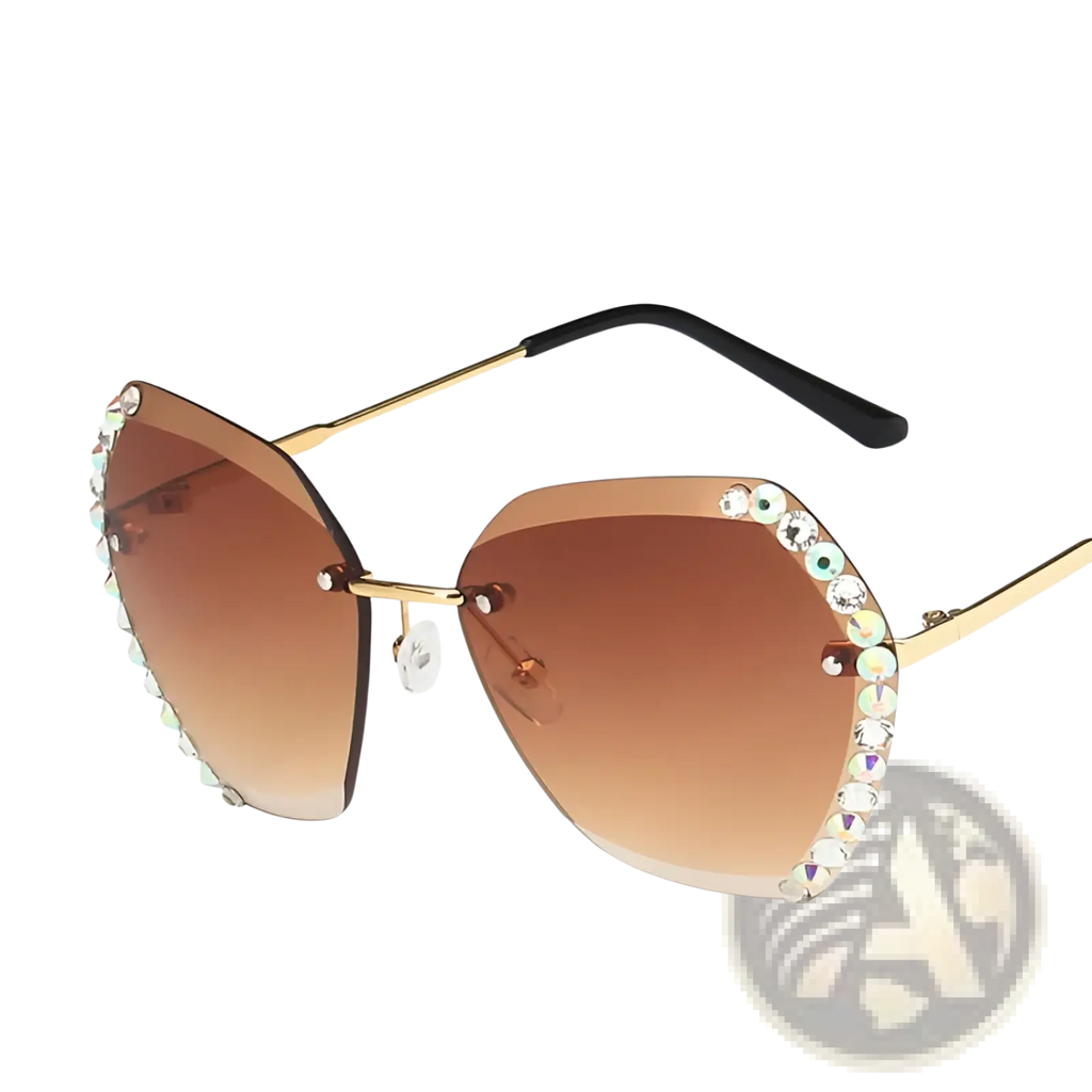 Gradient brown diamond studded rimless polygonal sunglasses with gold-toned frames and rhinestone embellishments