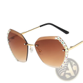 Gradient brown diamond studded rimless polygonal sunglasses with gold-toned frames and rhinestone embellishments