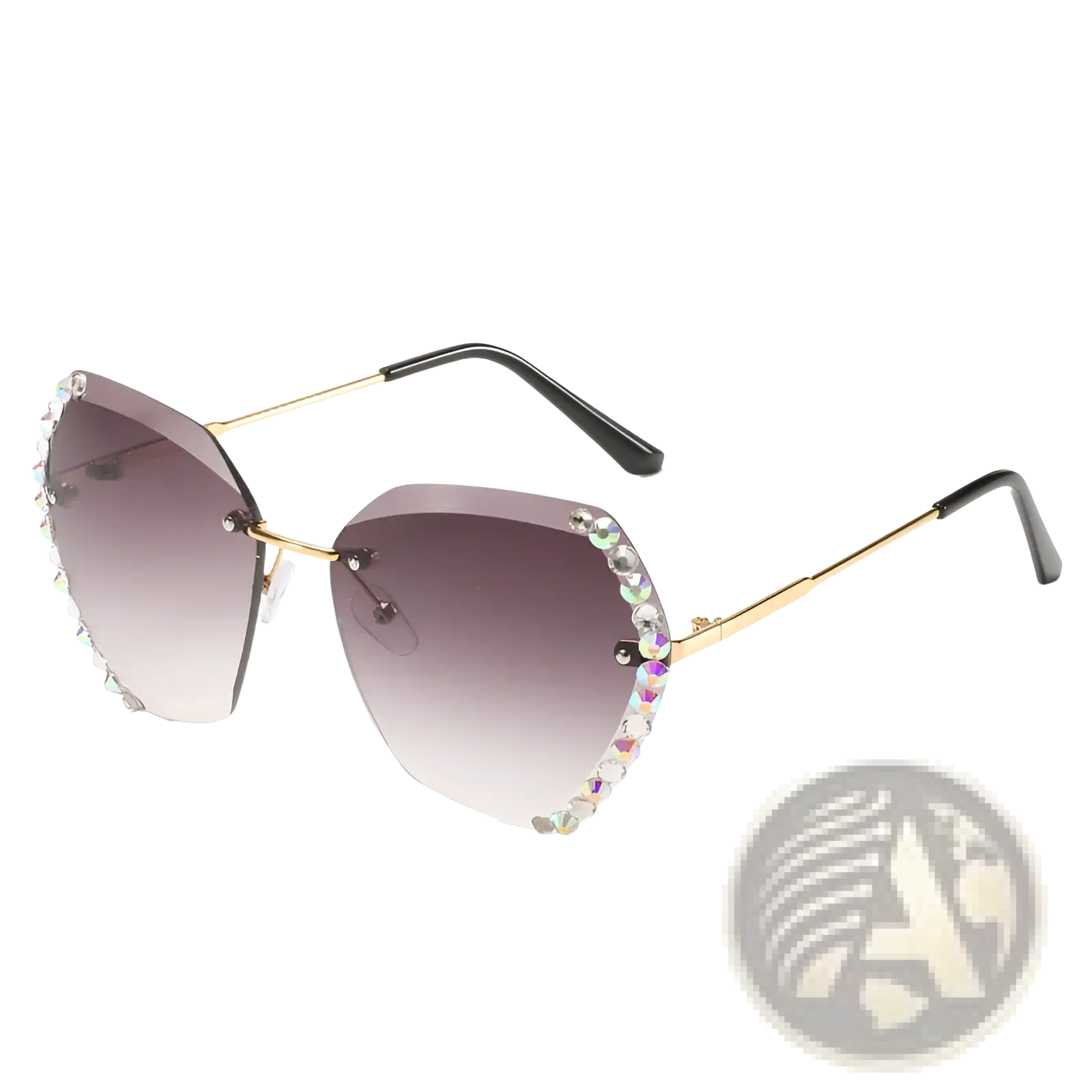 Gold-rimmed cat-eye diamond studded rimless polygonal sunglasses with gradient brown lenses and rhinestone trim edges