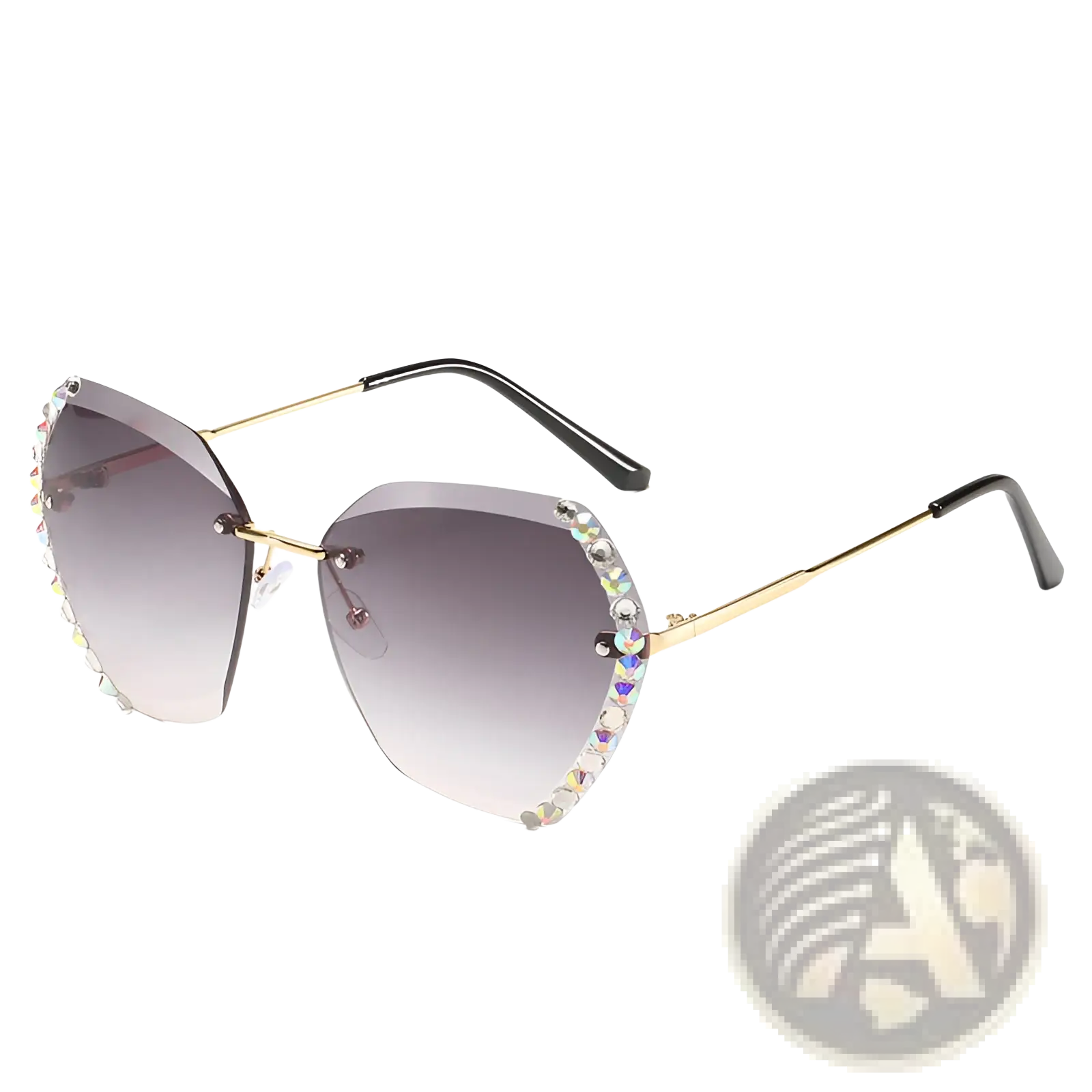 Diamond studded rimless polygonal sunglasses with gold-rimmed cat-eye frame gray gradient lenses and rhinestone trim