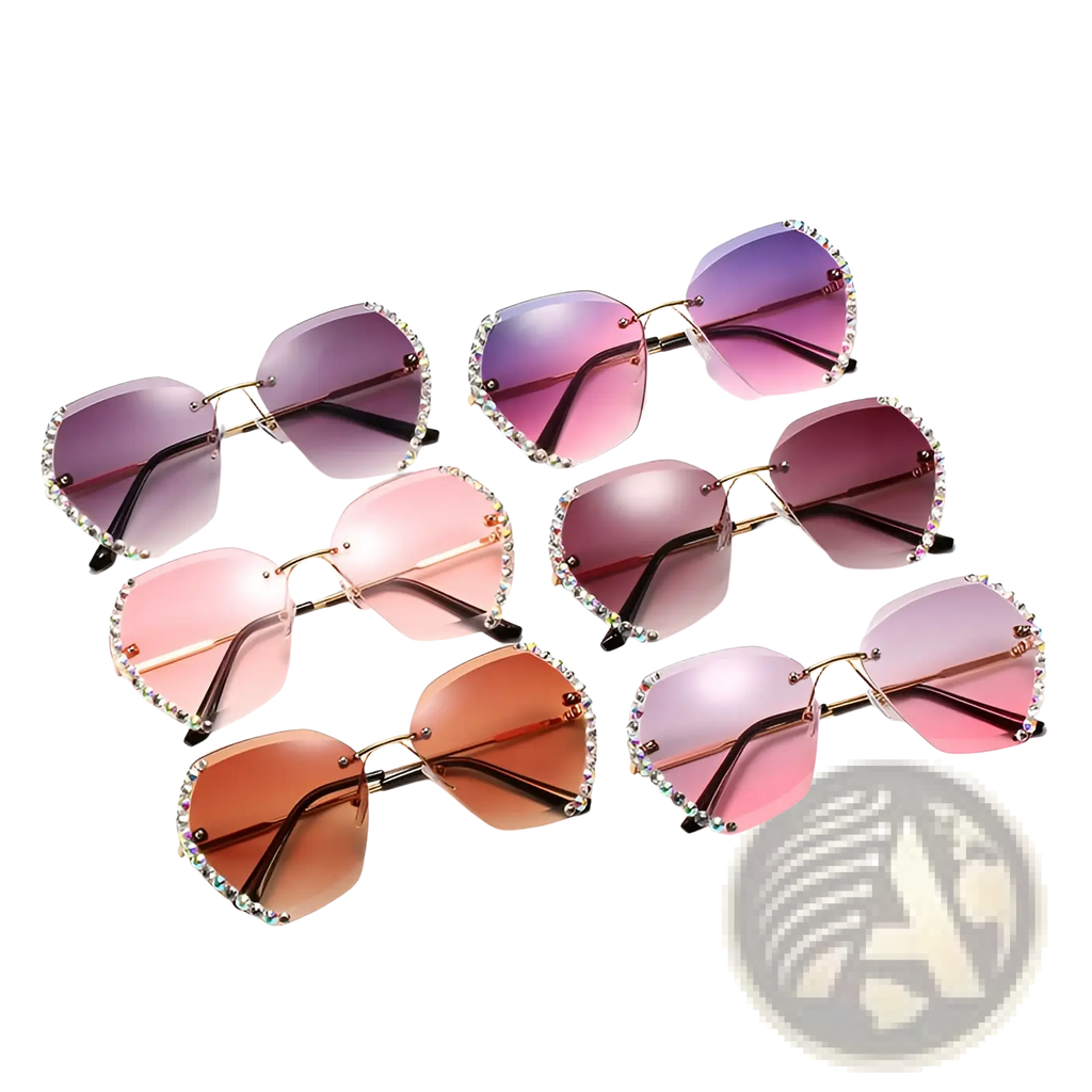 A set of six diamond studded rimless polygonal gradient sunglasses with gold-toned frames and black temple tips