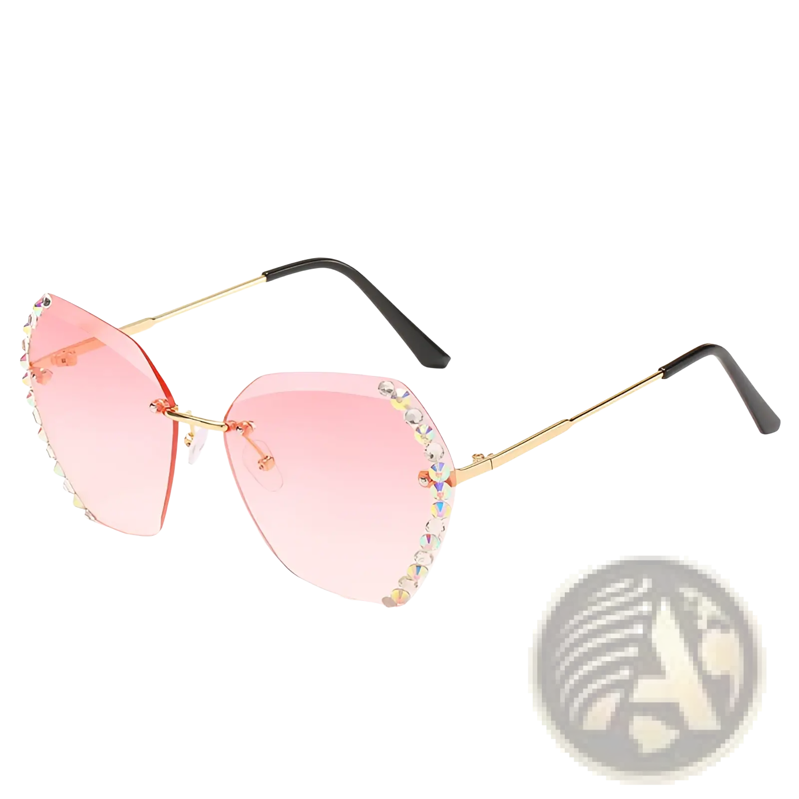 Diamond studded rimless polygonal sunglasses with pink gradient lenses gold metal frames and rhinestone embellishments