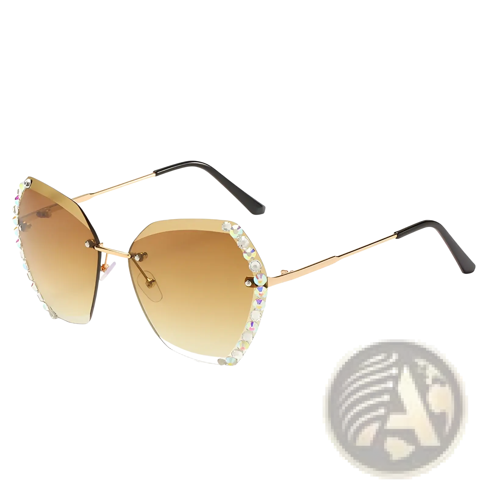Gold-rimmed cat-eye diamond studded rimless polygonal sunglasses with gradient brown lenses and rhinestone embellishments