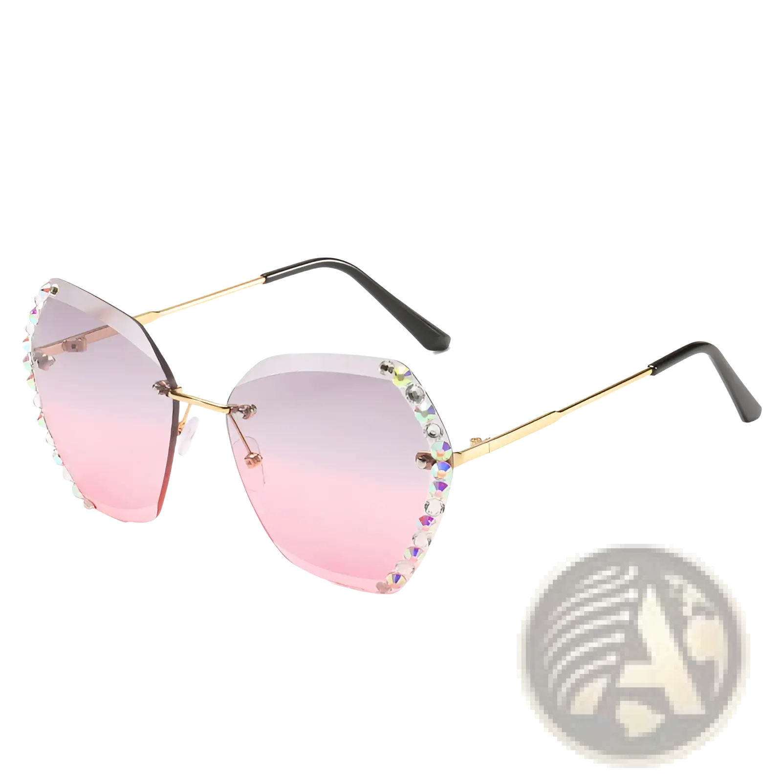 Diamond studded rimless polygonal sunglasses with pink gradient lenses gold metal frames and rhinestone embellishments