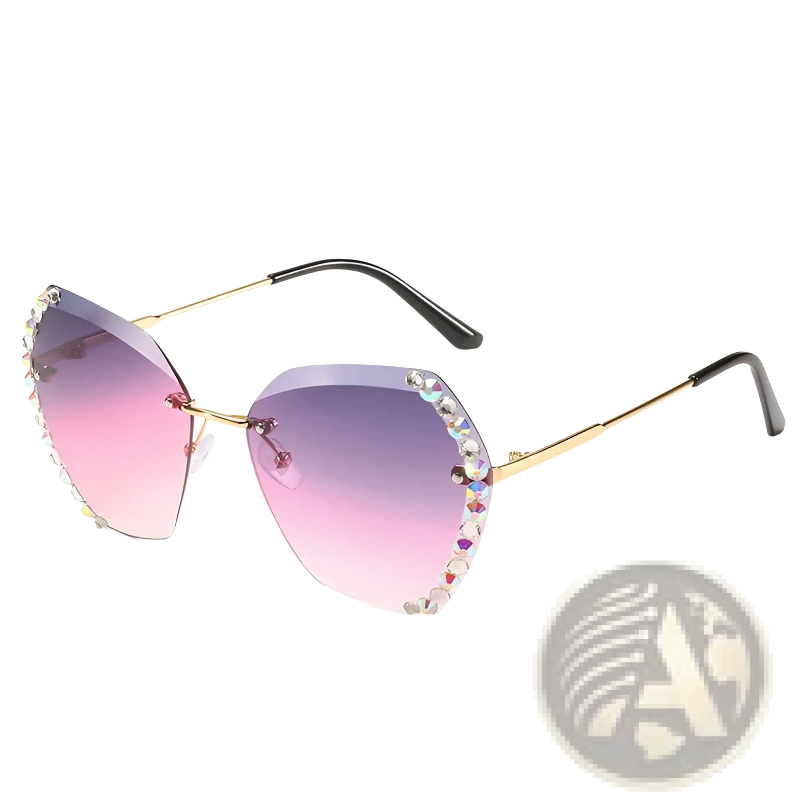 Gold-rimmed cat-eye sunglasses with gradient pink-to-purple lenses and diamond studded rhinestone trim along edges