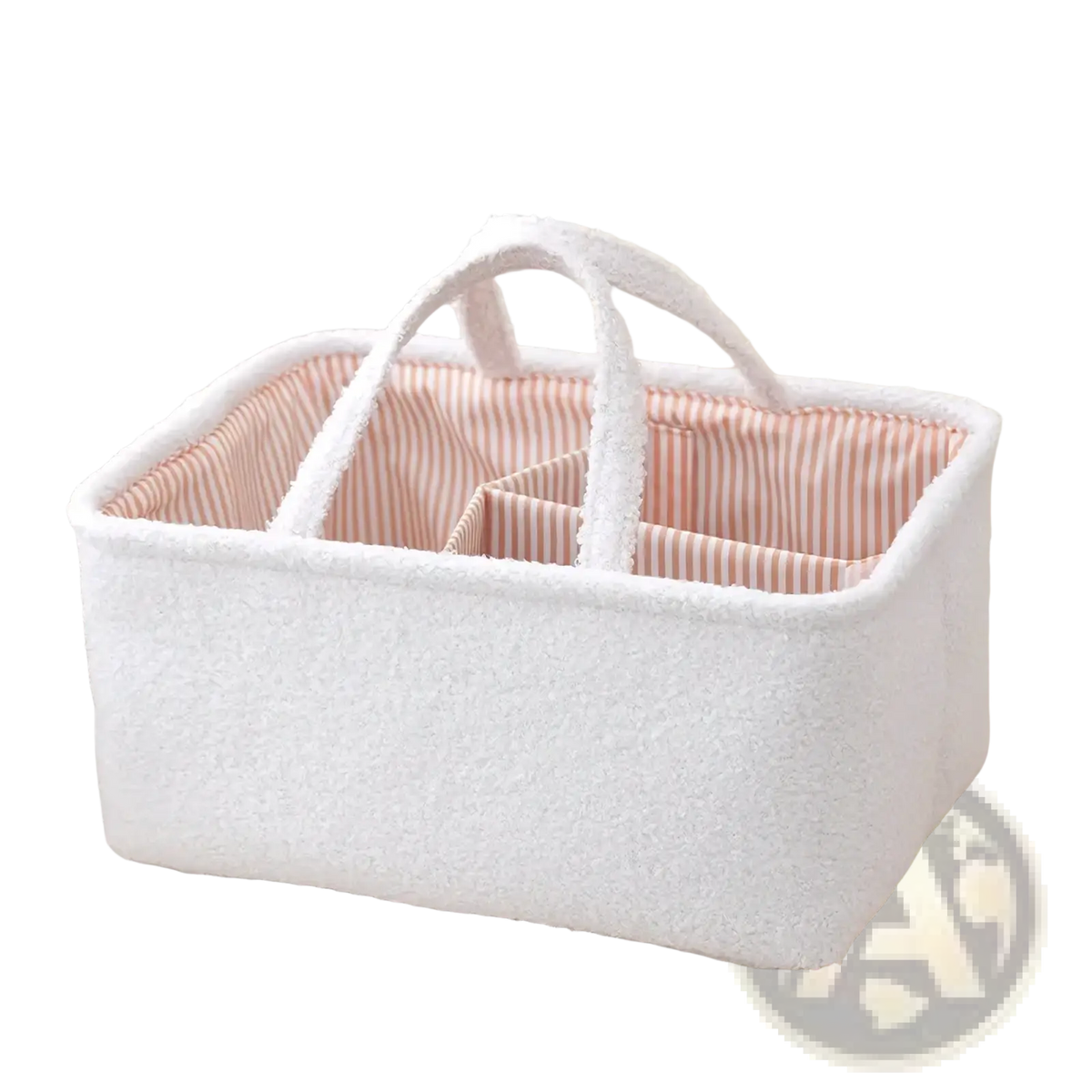White textured fabric diaper caddy organizer with pink and white striped interior lining for nursery storage