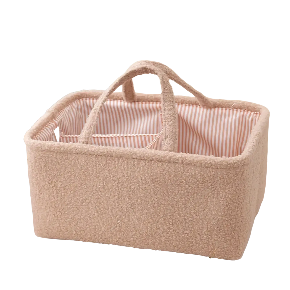 Beige fuzzy fabric diaper caddy organizer basket with striped interior lining and sturdy handles for nursery storage