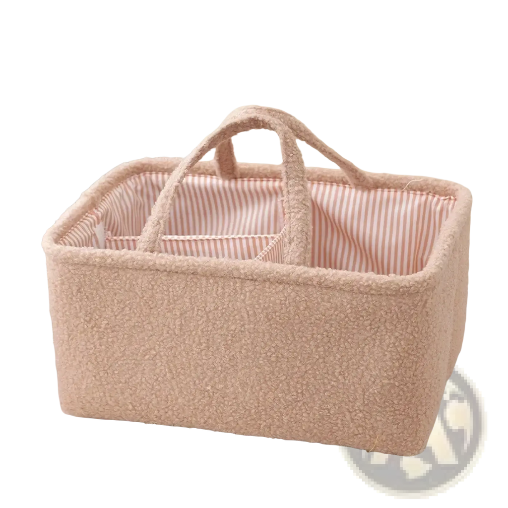 Beige fuzzy fabric diaper caddy organizer with striped interior lining and sturdy handles for nursery storage