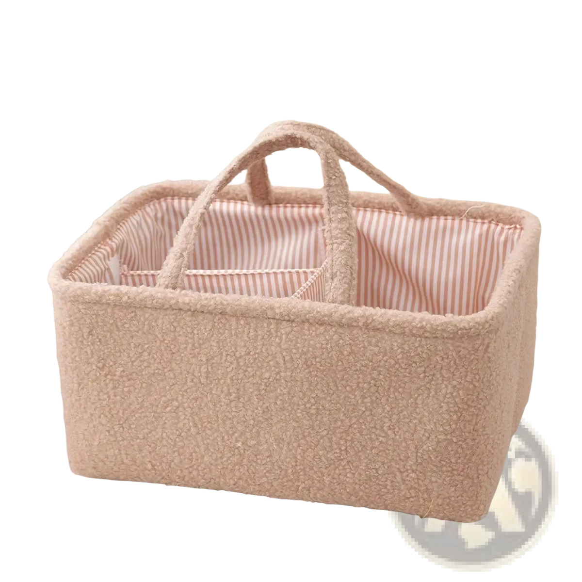 Beige fuzzy fabric diaper caddy organizer with striped interior lining and sturdy handles for nursery storage