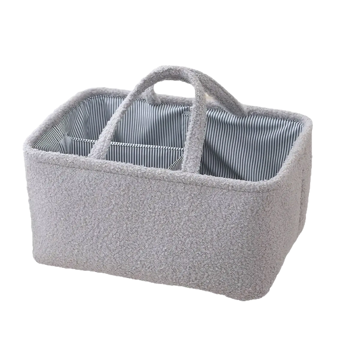 Gray fuzzy fabric diaper caddy organizer with striped interior and dual handles for nursery storage basket use