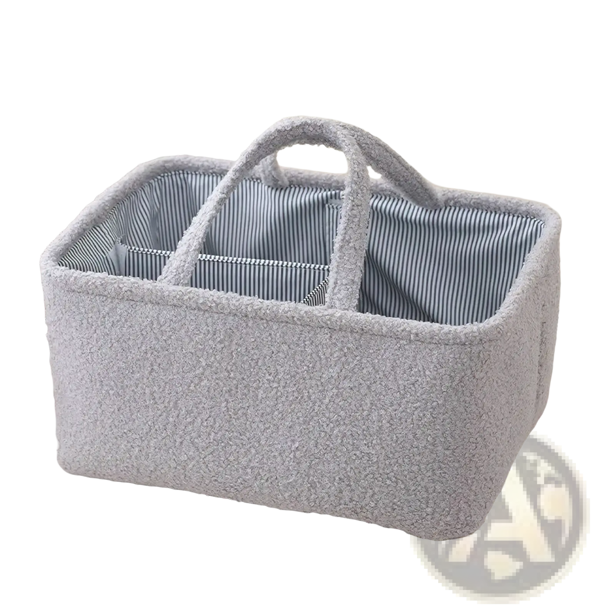 Gray textured fabric diaper caddy organizer with striped interior and sturdy handles for nursery storage
