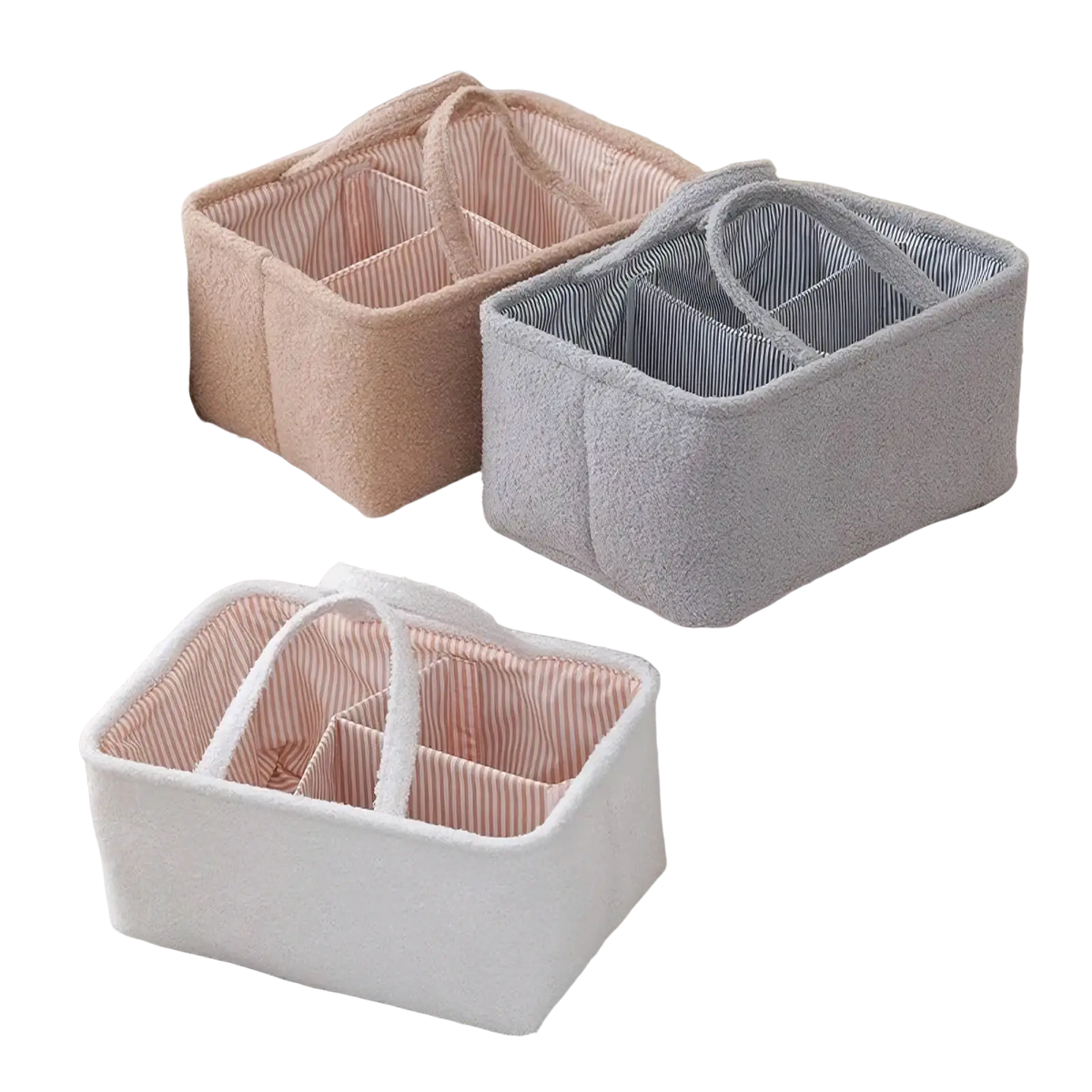 Three soft plush fabric diaper caddy organizer baskets in beige gray and white with striped interior linings