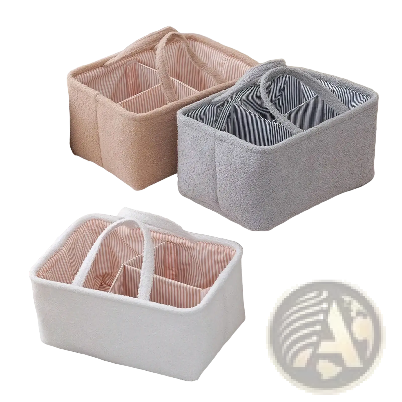 Three soft plush fabric diaper caddy organizer baskets in beige gray and white with striped interior linings