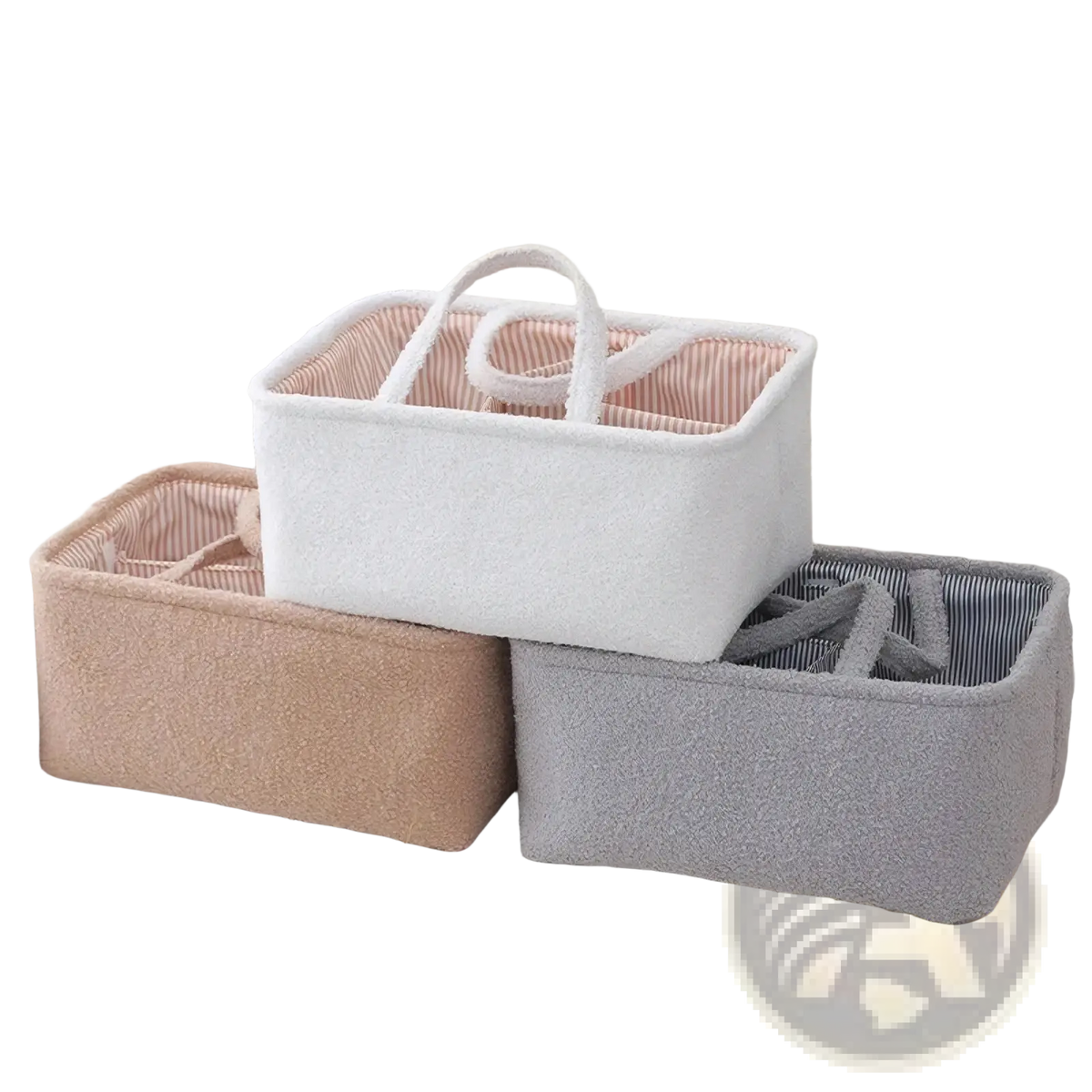 White woven fabric diaper caddy organizer with striped interior and looped handles for nursery storage