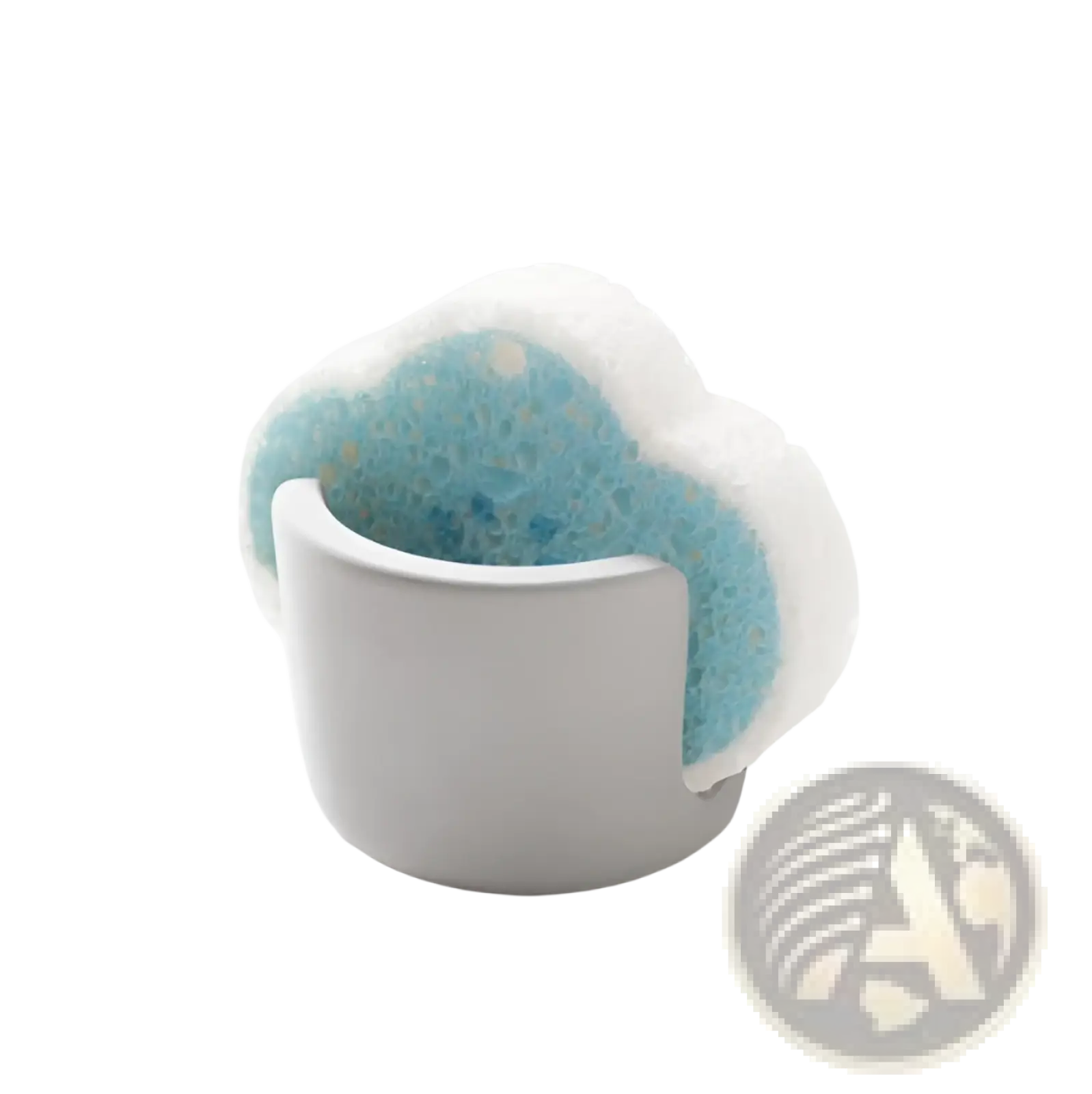 A white ceramic dish holding a blue and white porous sponge in a diatom mud sponge rack ceramic sink caddy holder