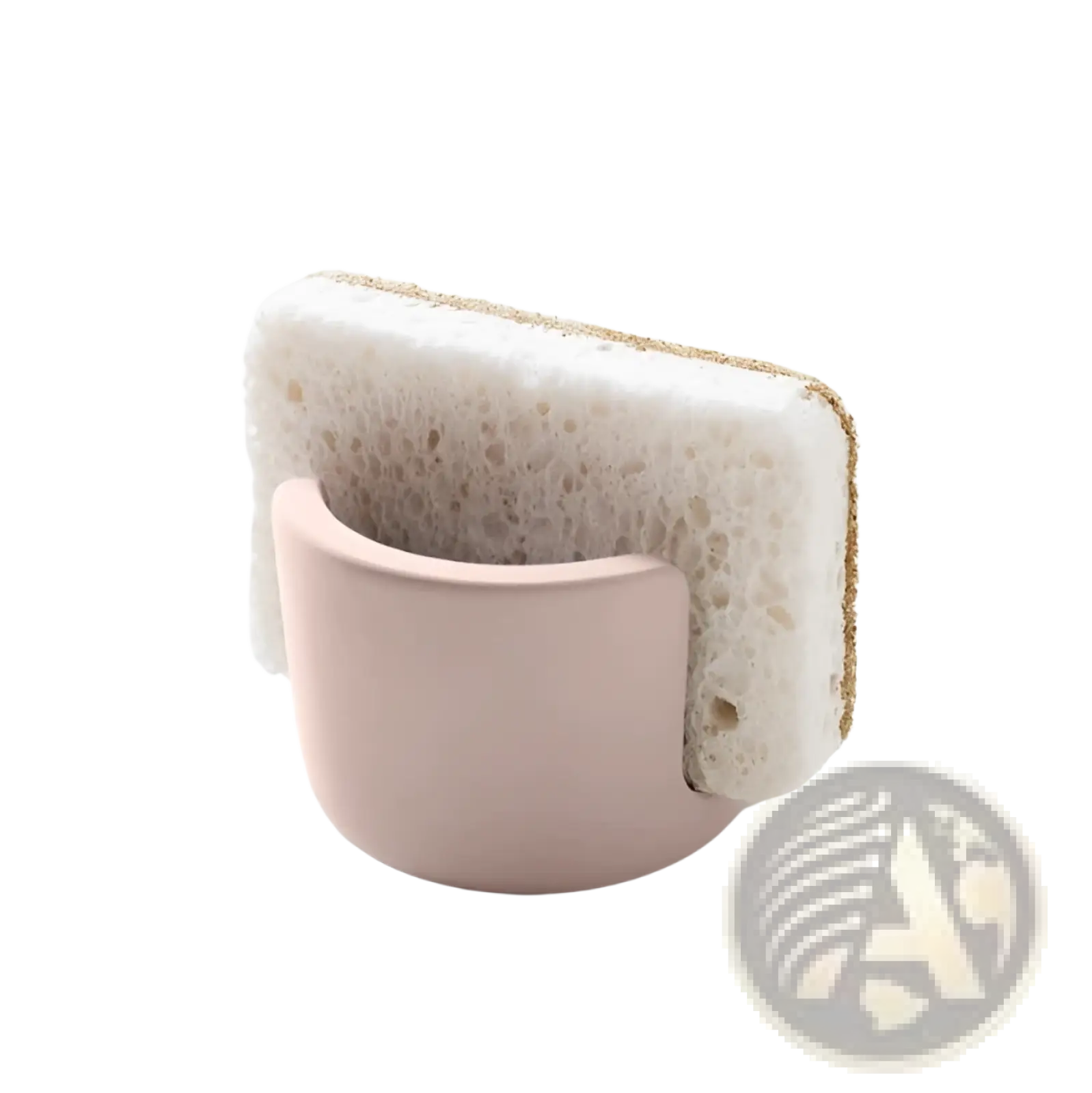 A soft pink ceramic Diatom Mud sponge rack holding a white textured cleaning sponge with a golden-brown abrasive edge