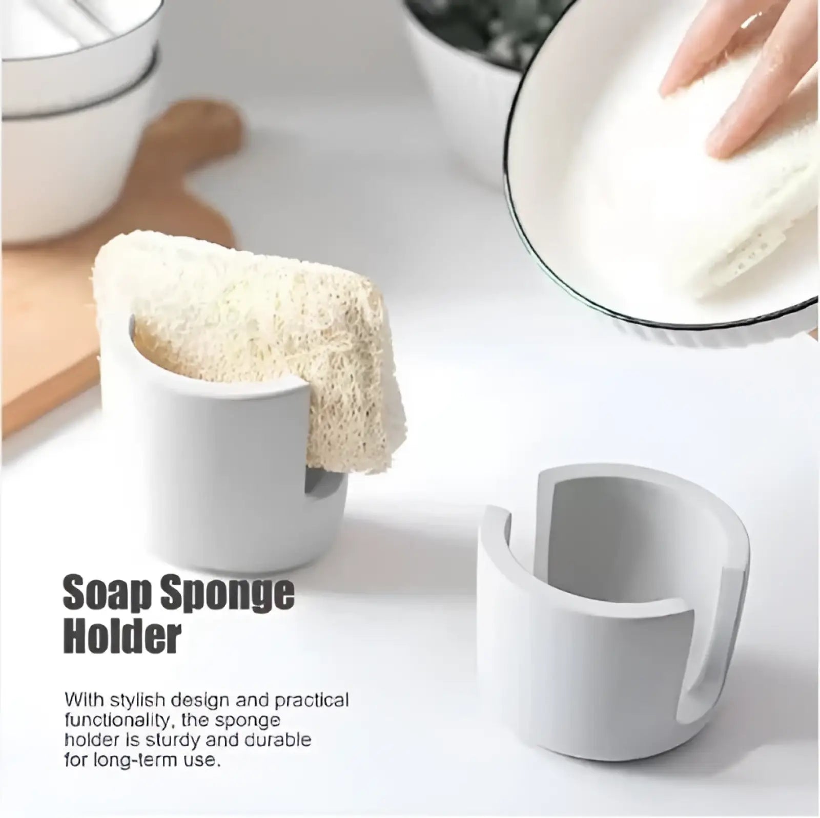 White ceramic diatom mud sponge rack with curved open-top design for securely holding a natural loofah sponge