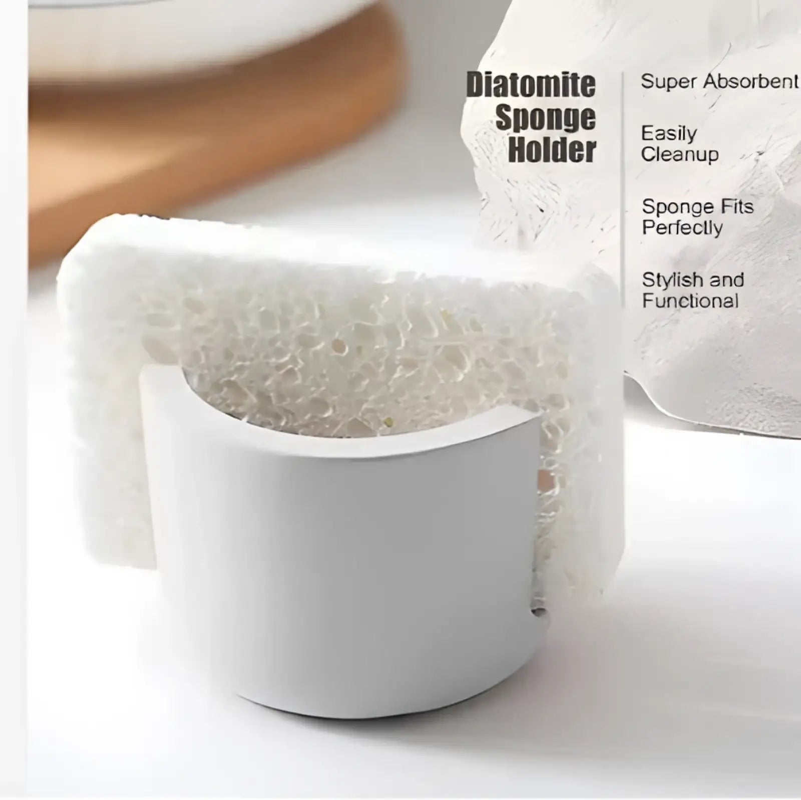 White ceramic diatom mud sponge rack with textured porous interior for securely holding and drying sponges