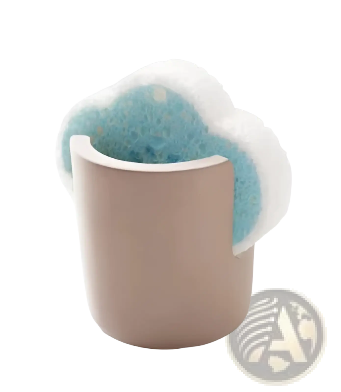 A soft beige ceramic diatom mud sponge rack holds a fluffy white and light blue porous kitchen sponge