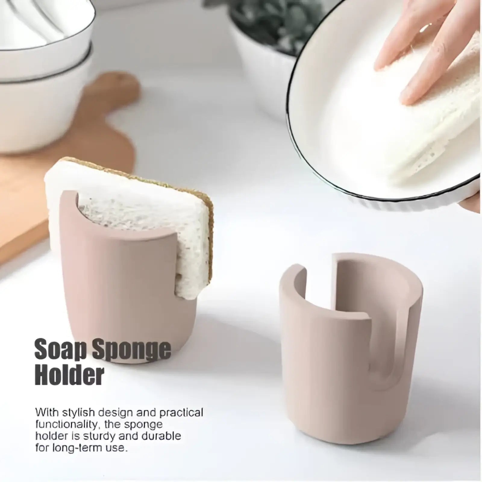 Beige ceramic diatom mud sponge rack with curved open top design for secure grip and stylish kitchen sink storage