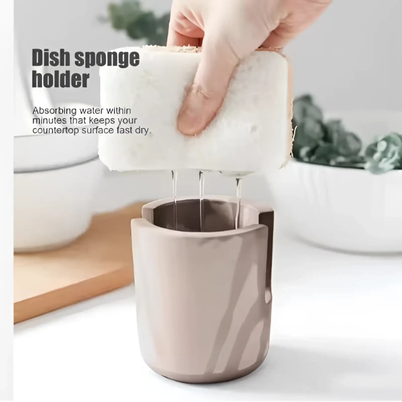 Beige ceramic diatom mud sponge rack with a modern minimalist design for kitchen sink storage and organization
