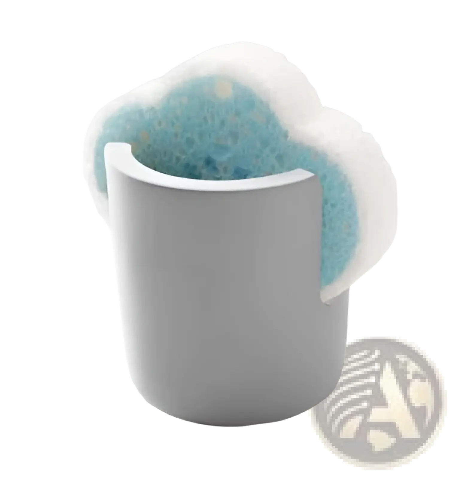 A gray cylindrical diatom mud sponge rack holding a light blue and white textured sponge for kitchen sink use