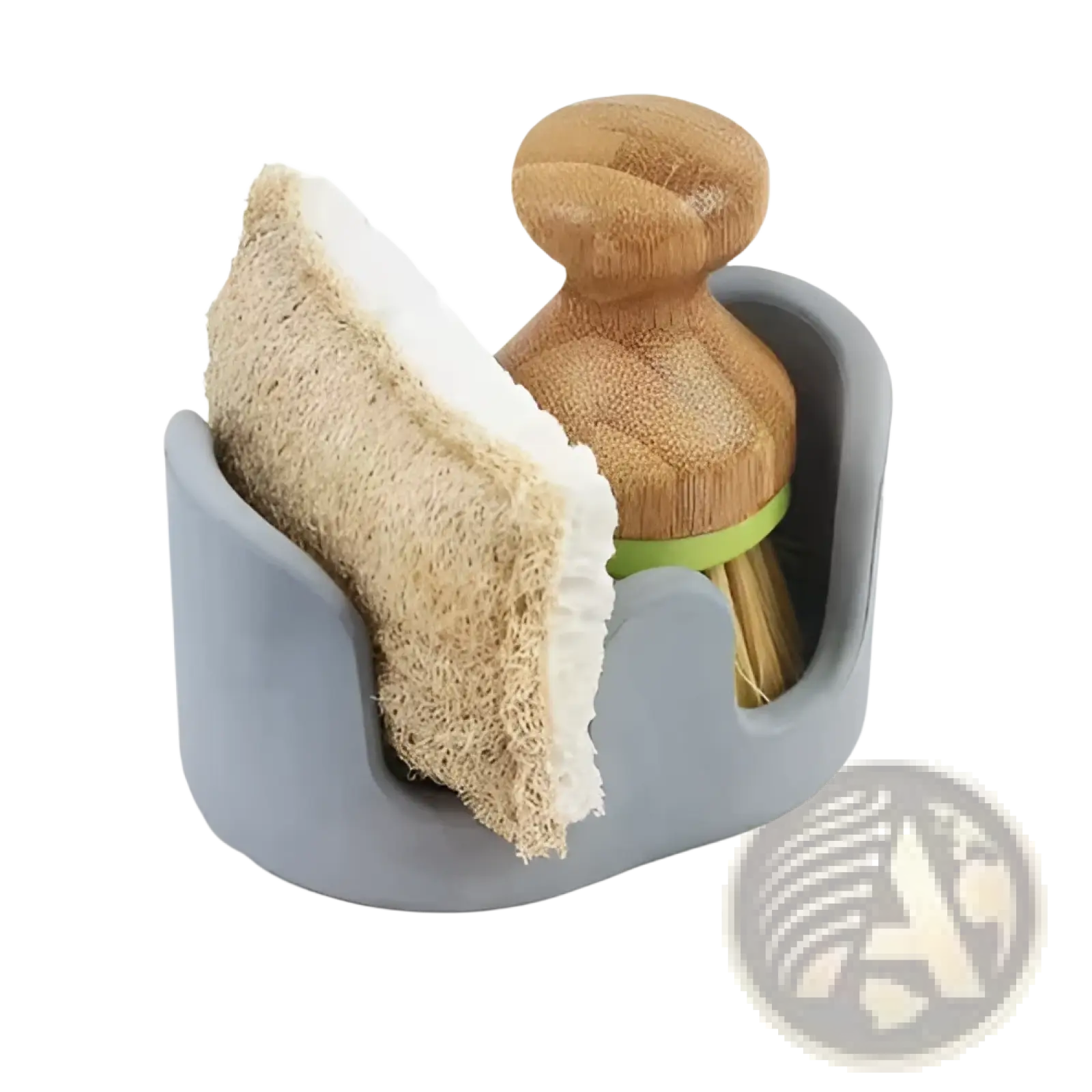 Gray silicone dish scrubber and brush holder with bamboo handle green band and beige sponge in kitchen sink caddy organizer