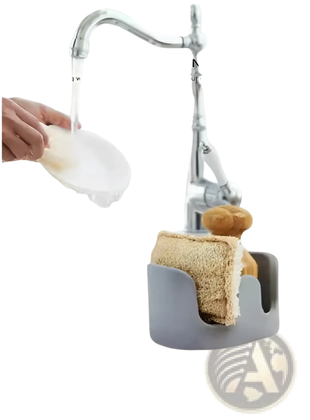 Gray plastic diatom mud sponge rack kitchen sink caddy organizer holding beige sponge and brown scrubber