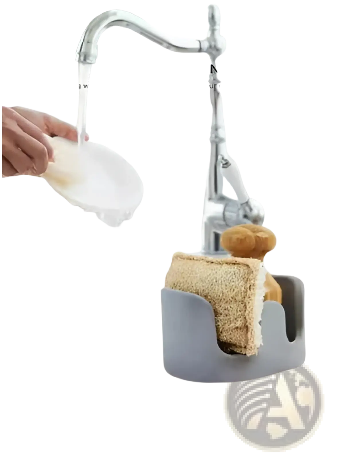Gray plastic diatom mud sponge rack kitchen sink caddy organizer holding beige sponge and brown scrubber