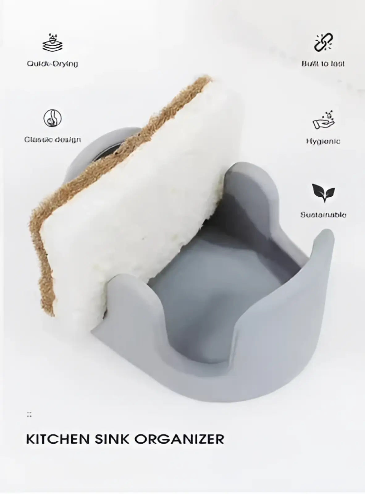 Gray silicone diatom mud sponge rack kitchen sink caddy organizer with white textured sponge insert
