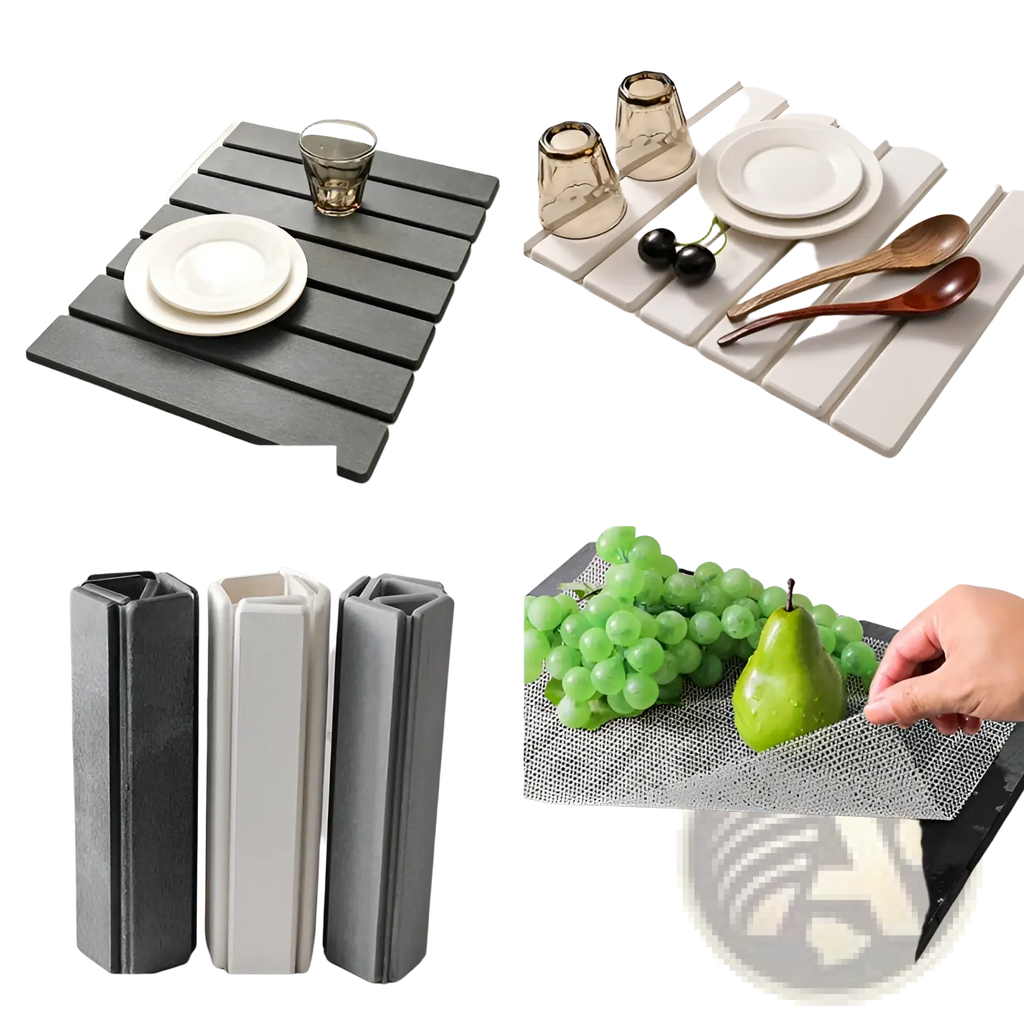 Black non-slip mesh mat with textured surface and grid pattern for diatomaceous earth foldable stone dish drying mat