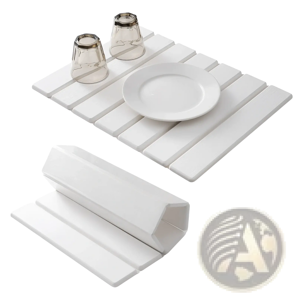 White ceramic foldable slatted placemat made of diatomaceous earth stone for drying dishes efficiently