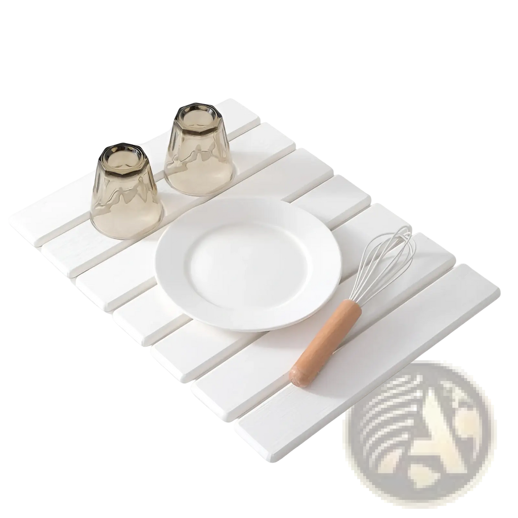 White rectangular slatted dish drying rack with smooth matte finish for diatomaceous earth foldable stone dish drying mat use