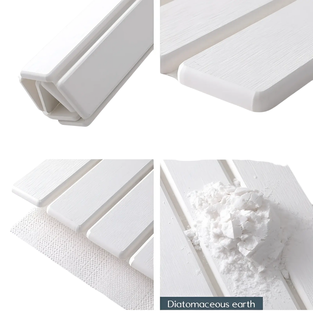 White 9mm thick plastic outdoor bench slats with textured surface and folding storage design for diatomaceous earth dish drying mat