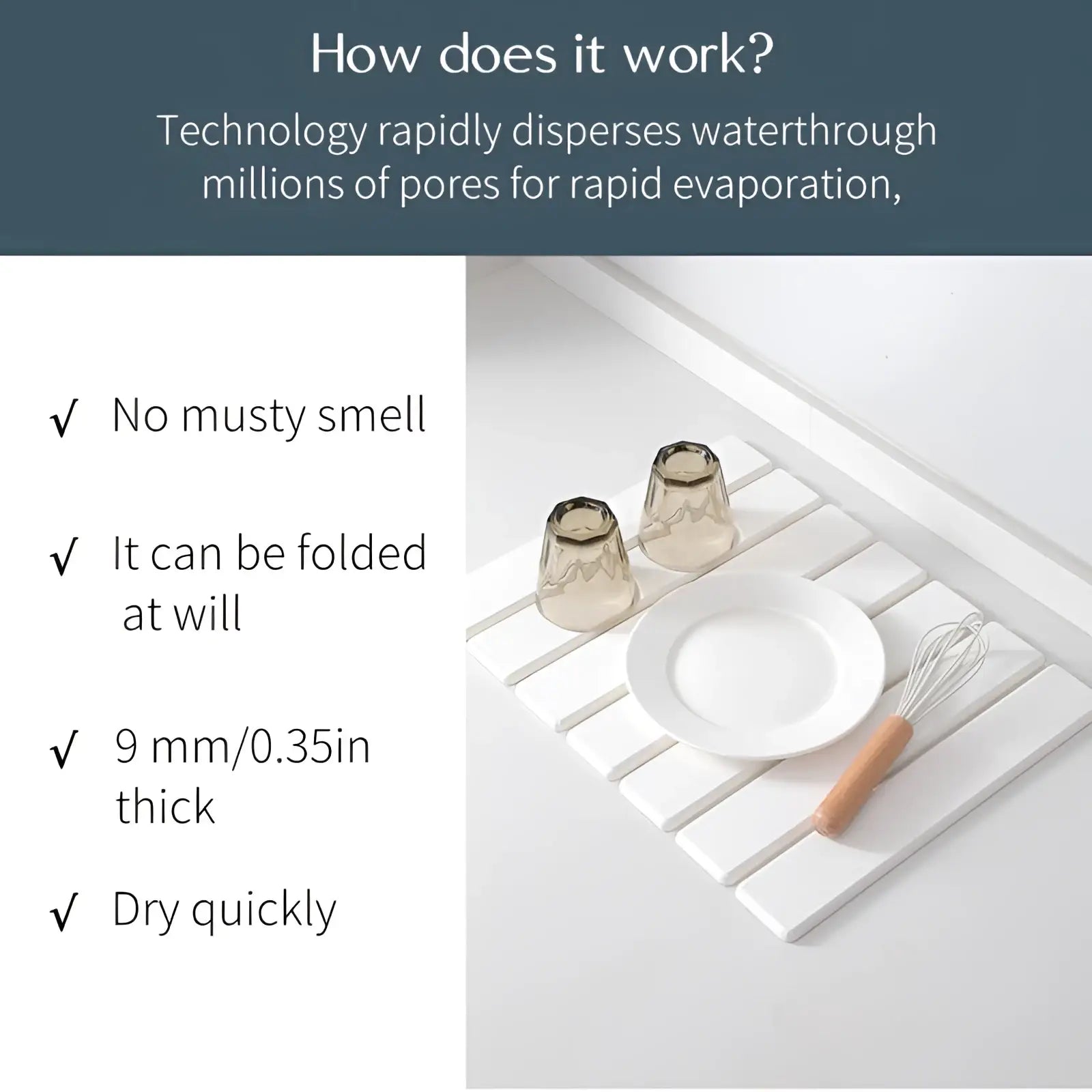 White 9 mm thick foldable diatomaceous earth stone dish drying mat with textured surface for rapid water dispersion