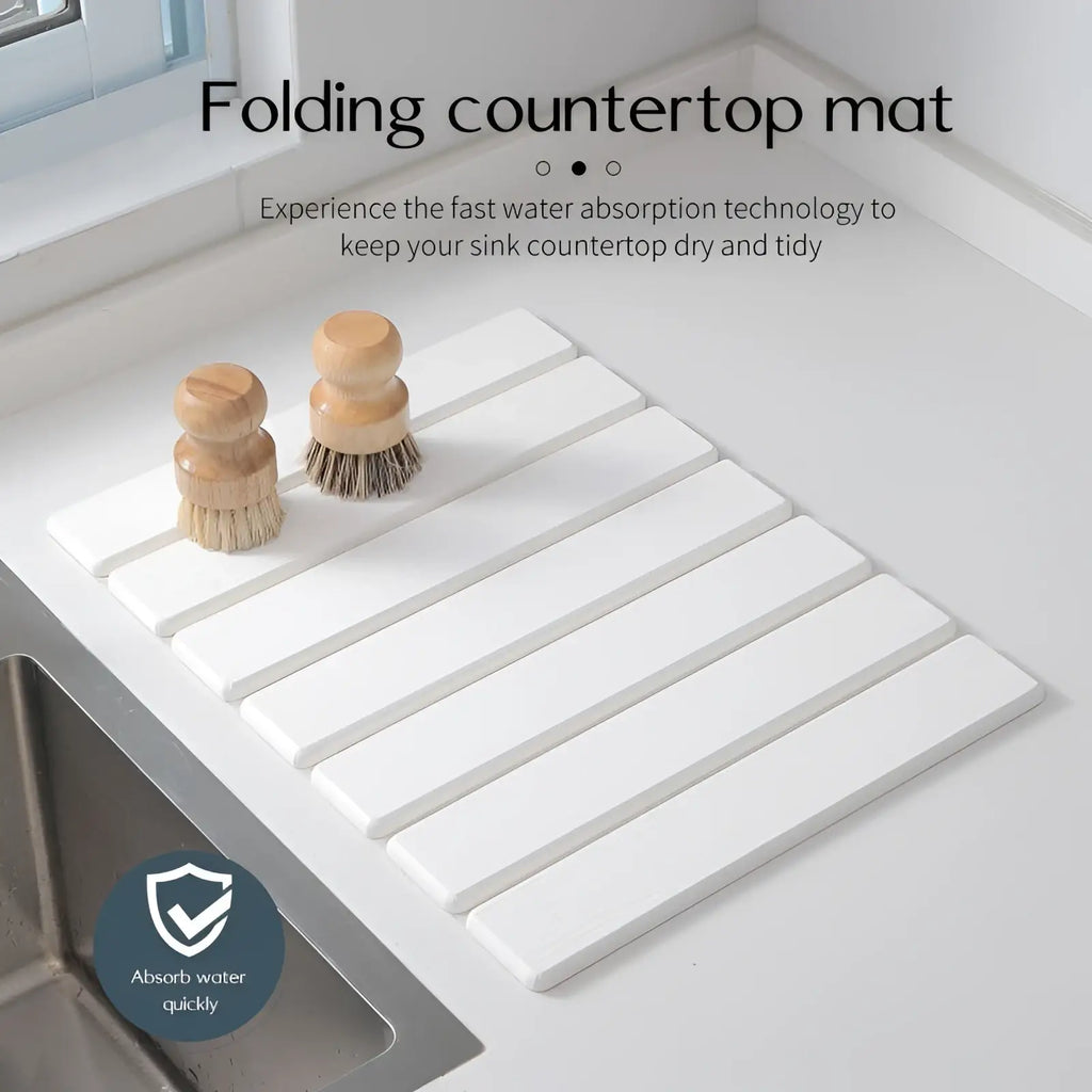 Diatomaceous earth foldable stone dish drying mat white folding countertop mat with slatted absorbent design