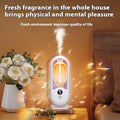 Modern white and purple digital aroma diffuser with glowing orange interior emitting mist as automatic air freshener lamp