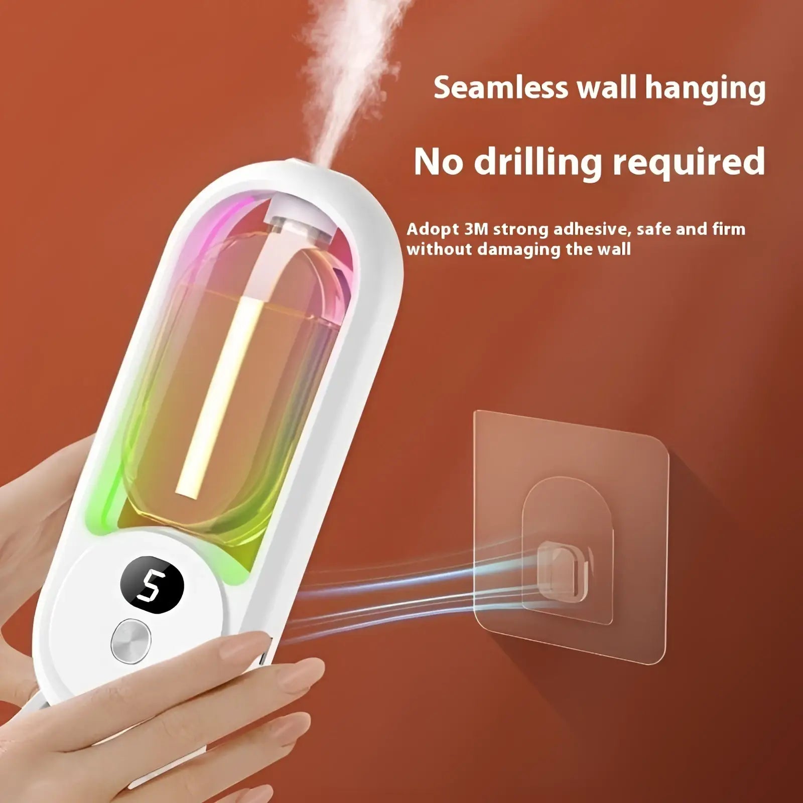 White digital aroma diffuser handheld humidifier with transparent glass tank of colorful liquid and led display showing 5