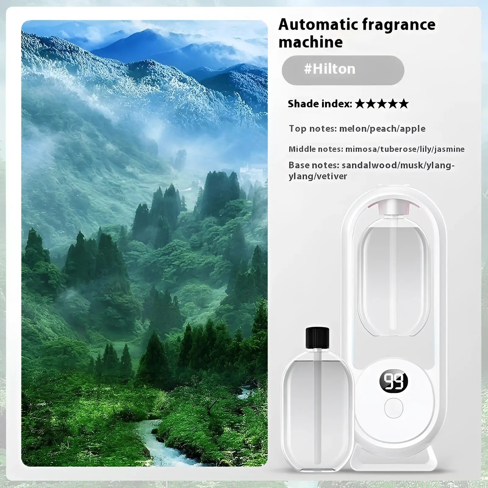 White digital aroma diffuser automatic air freshener lamp with digital display showing 99 seconds and matching perfume bottle