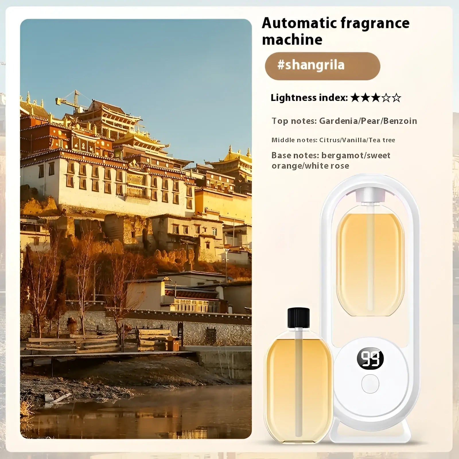 White digital aroma diffuser automatic air freshener lamp with sleek design and transparent liquid reservoir