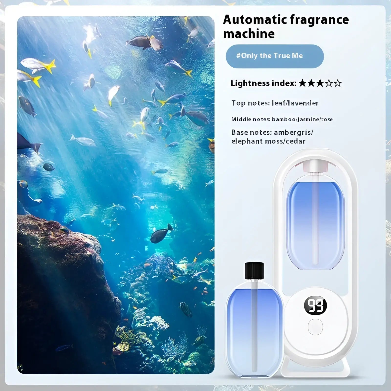 White digital aroma diffuser automatic air freshener lamp with blue gradient liquid and digital display showing 99 seconds