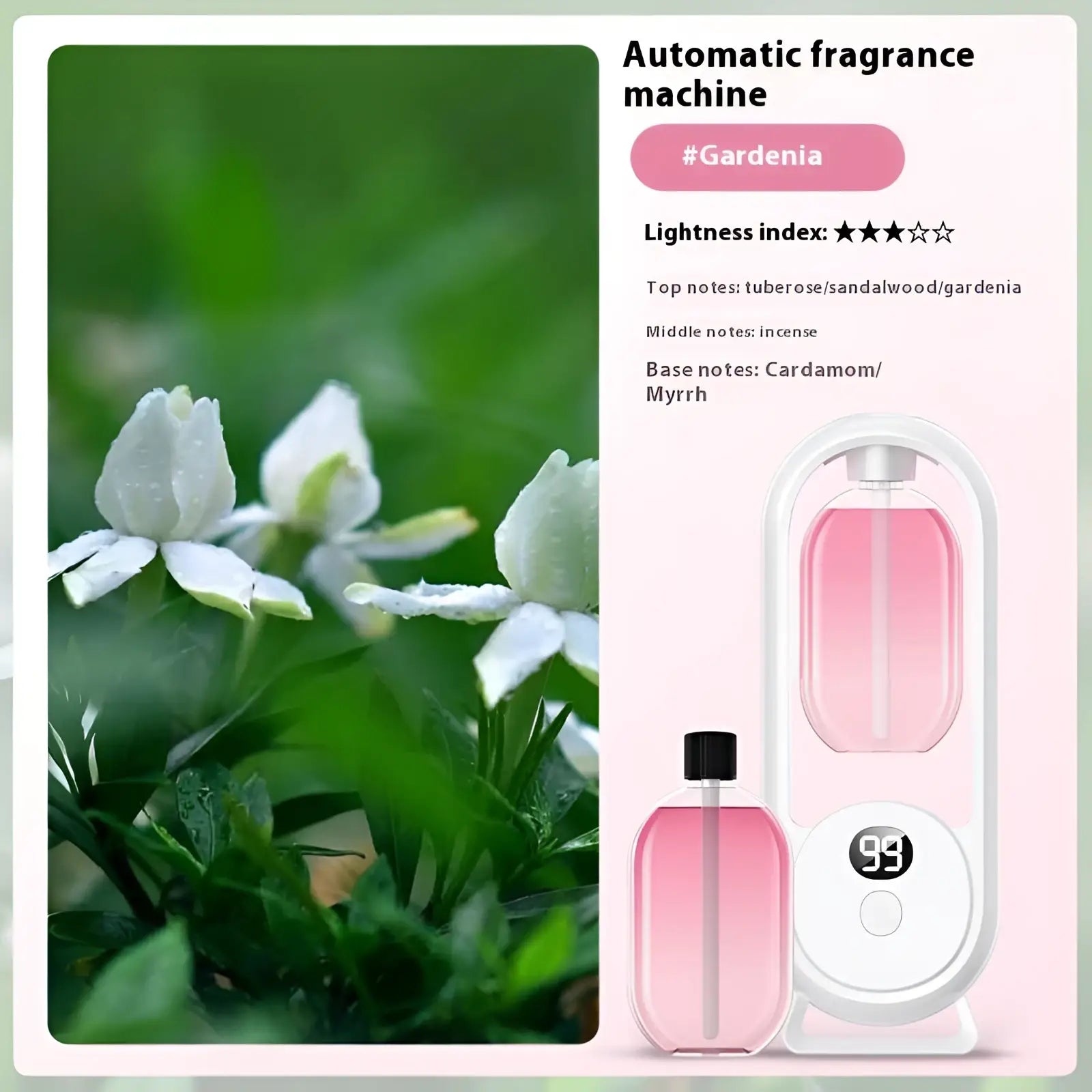 Digital aroma diffuser automatic air freshener lamp in pink gradient with white digital display and matching perfume bottle