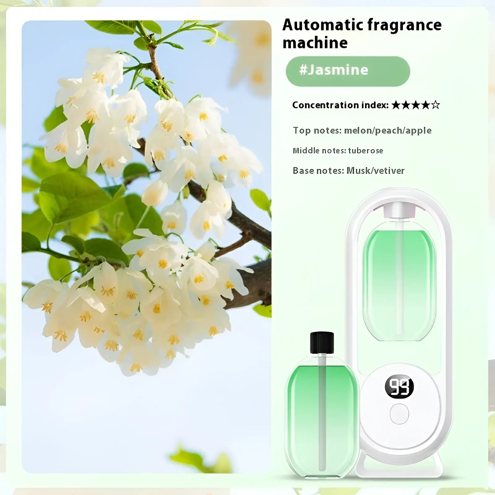 White digital aroma diffuser automatic air freshener lamp with green liquid bottle and digital display showing 99 seconds