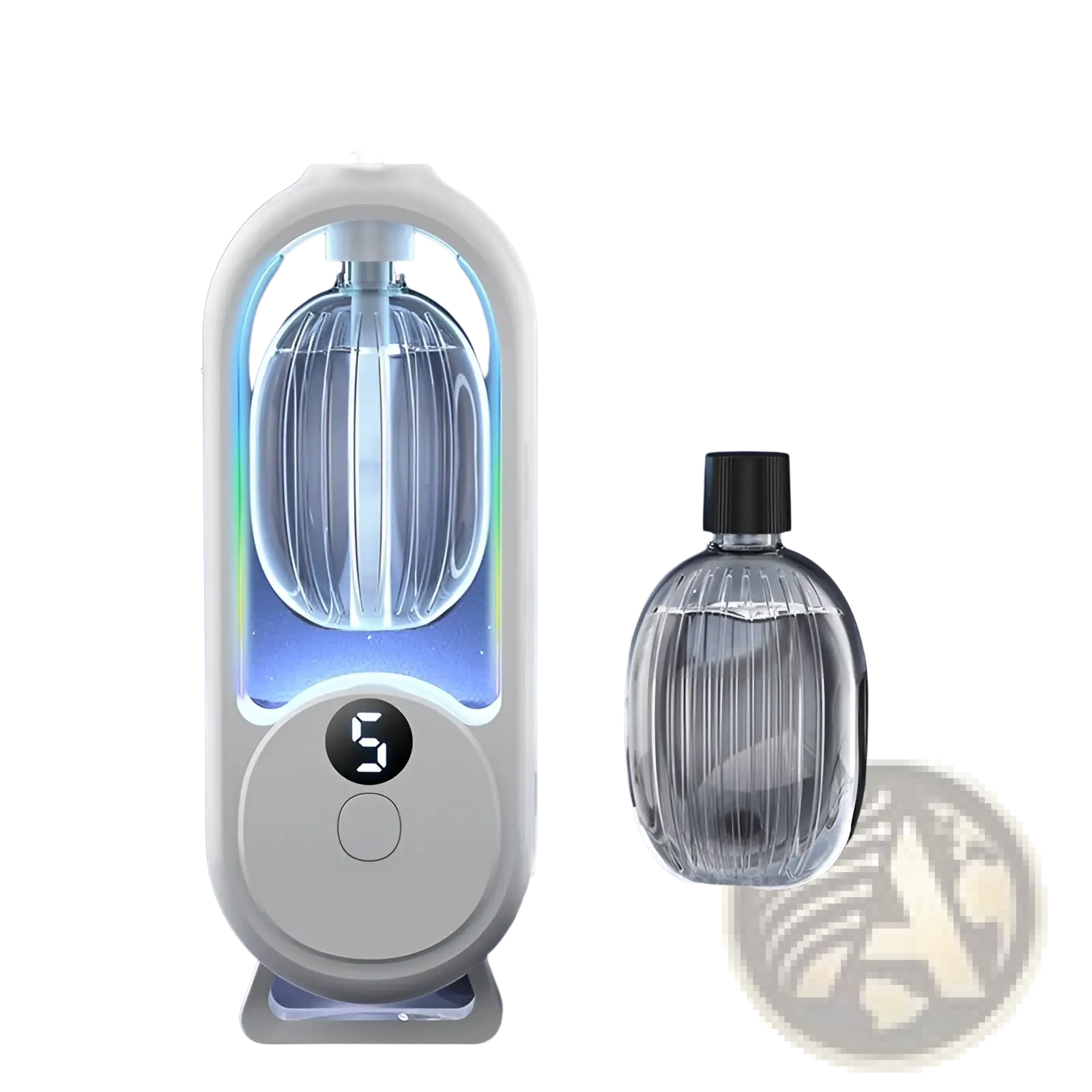Digital aroma diffuser white and blue illuminated glass bulb emitting mist automatic air freshener lamp
