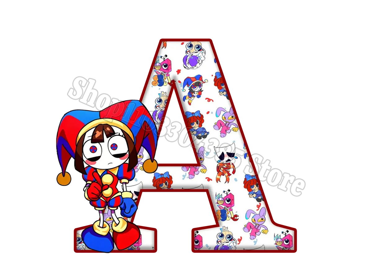 A colorful cartoon jester stands beside a large white letter a on the red digital circus water bottle with straw 650ml