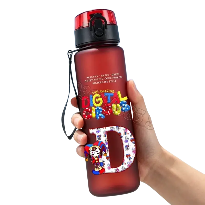 A translucent red 650ml digital circus water bottle with a black lid, carrying strap, and colorful cartoon decals