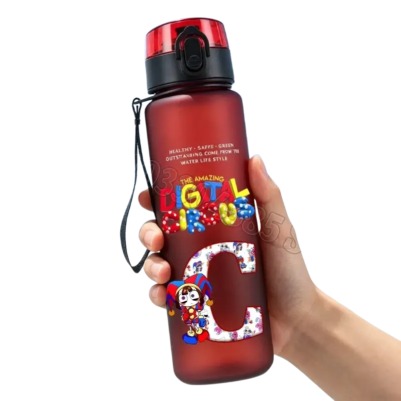 A red translucent digital circus water bottle with straw 650ml featuring colorful cartoon graphics and black lid with strap