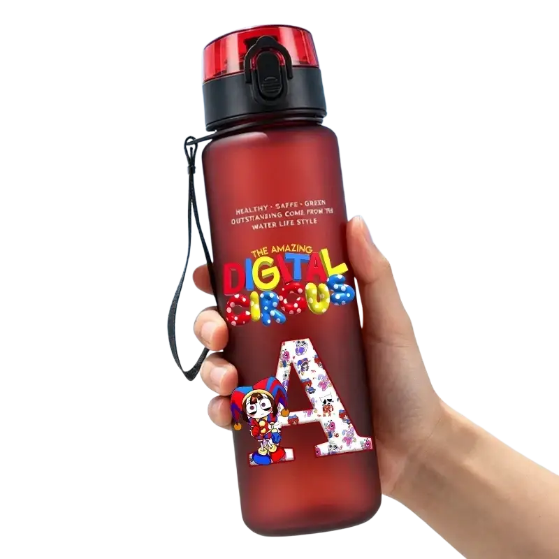 Translucent red digital circus water bottle with straw 650ml black lid carrying strap and cartoon character sticker